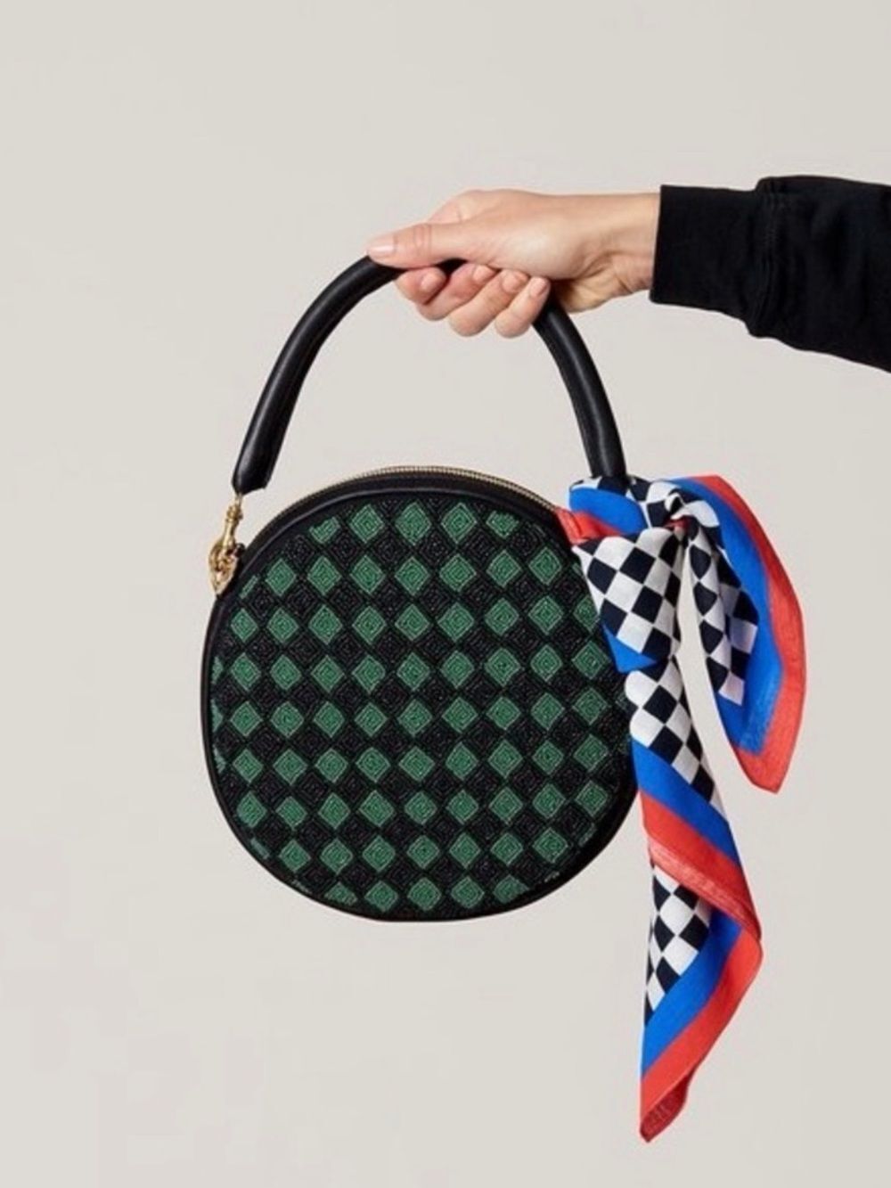 Clare V Green & Black Checkered Diamond Beaded Circle Clutch Bag
